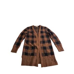 Becool Brown Black Plaid Open Cardigan Sweater Medium Pockets